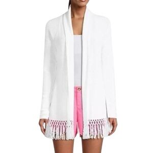 Lilly Pulitzer Tatum White Fringe Long Open Front Cardigan Duster - M